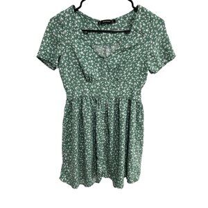 Green Floral Button-Front Short-Sleeve Dress Hesperus Sz M Y2K Coquette Feminine